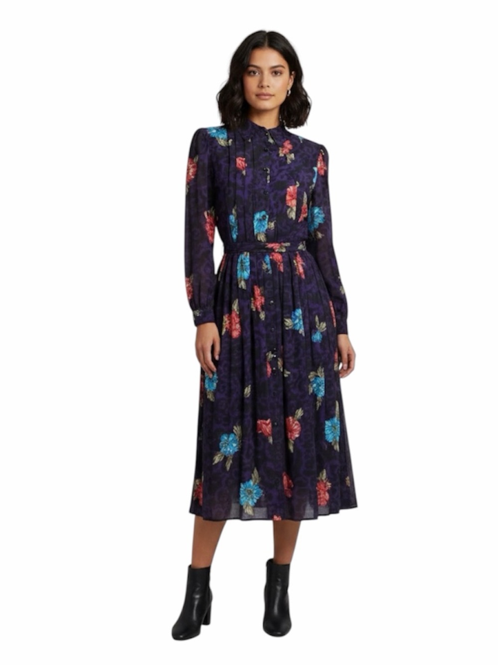 1980's DONNA MORGAN for NSP Raglan Sleeve Dress Floral Pleated Dress Size 3/4